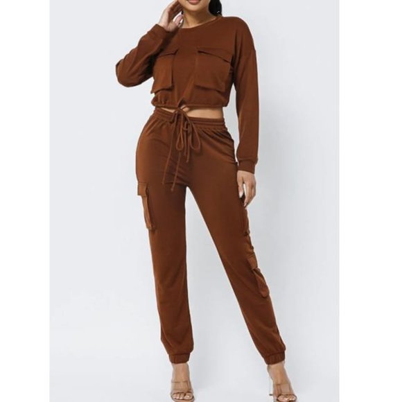 Solid French Terry Long Slouchy Long Sleeve Top And Pants With Pockets Two Piece Set main image 0